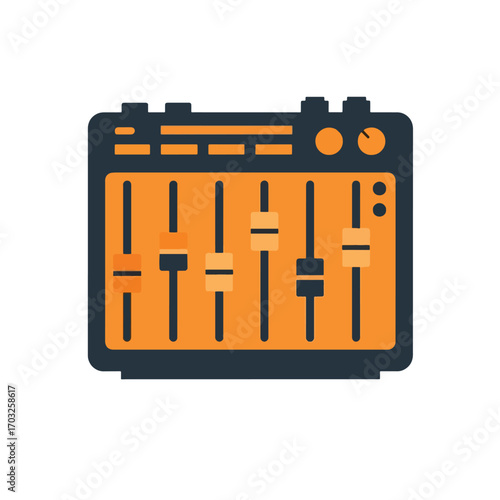 Illustration of a sound mixing console with sliders and knobs.