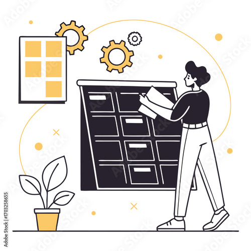 Illustration of a person organizing documents in an archive cabinet.
