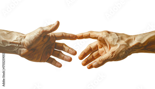 Two hands reaching towards each other, detailed depiction of human anatomy, warm tones