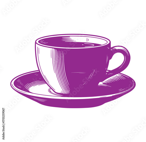 Elegant purple coffee cup and saucer vintage engraved vector illustration design
