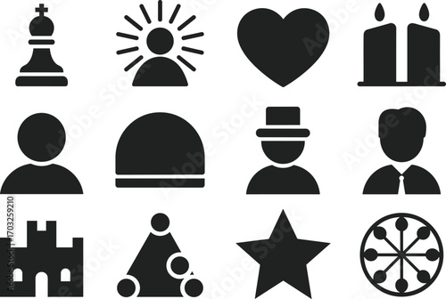 Minimal black icon set featuring people, buildings, heart, star, symbols, user avatars, chess piece, perfect for graphic design