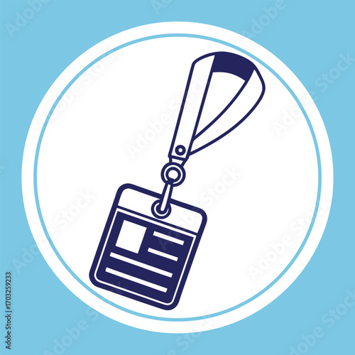 Illustration of a blue and white lanyard with an ID card attached.