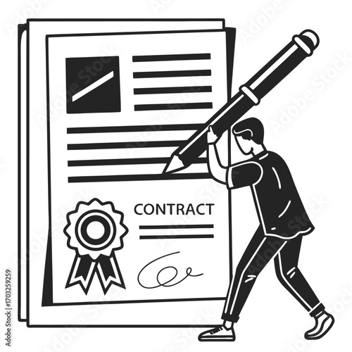 Man signing a contract with a large pen.