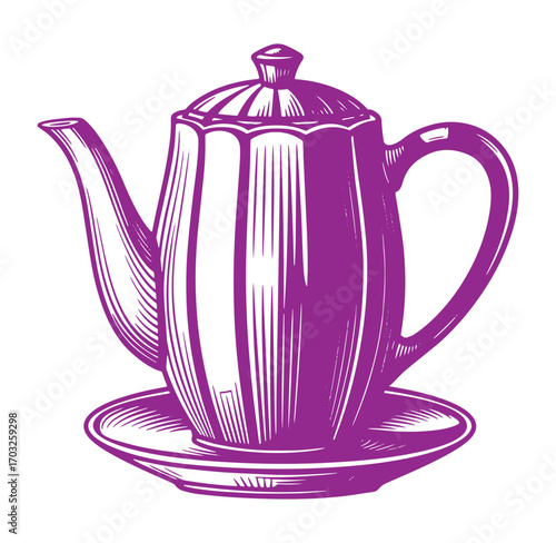 Elegant purple engraved teapot resting on saucer depicting classic drinkware illustration