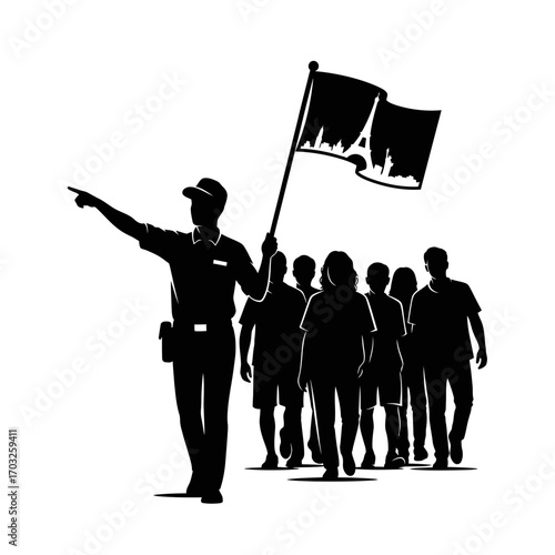 Tour Guide Leading Visitors with Flag in Urban Setting