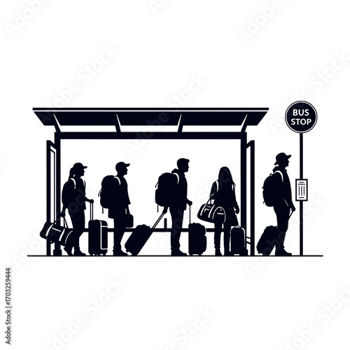 Travelers at a Bus Stop with Luggage in Urban Environment
