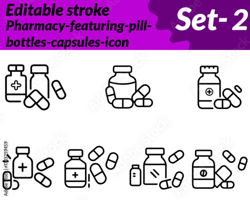 Pharmacy-featuring-pill-bottles-capsules icon. character in a modern flat vector style, showing neatly arranged medicine bottles, capsules, and tablets with clear labels. Clean lines and soft colors.
