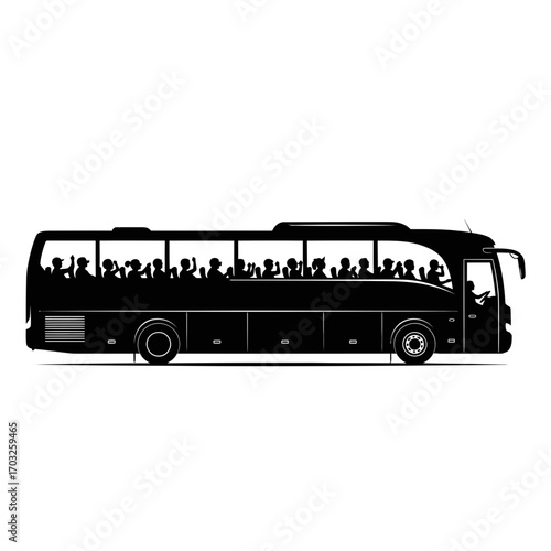 Crowded Bus Ride, Passengers, Urban Area, Illustration, Cityscape, Side View, Community Transport Concept
