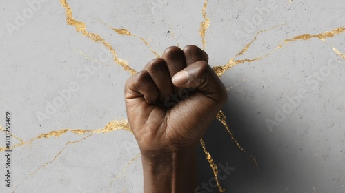 Raised fist of a Black person in protest against a cracked marble background