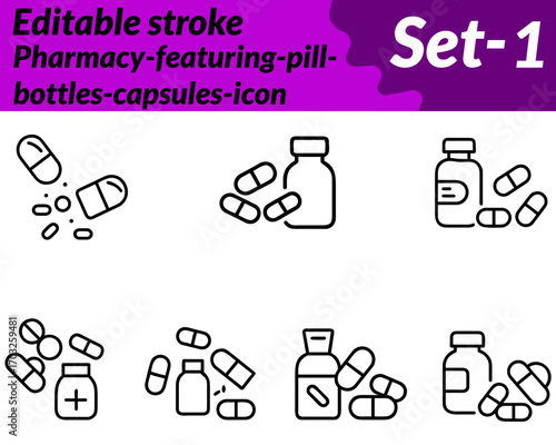 Pharmacy-featuring-pill-bottles-capsules icon. character in a modern flat vector style, showing neatly arranged medicine bottles, capsules, and tablets with clear labels. Clean lines and soft colors.