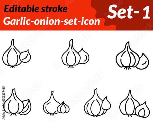 Garlic-onion icon character in a clean flat vector style. featuring a bulb of garlic with cloves partly visible and a round onion with skin texture and sprouting green stem Smooth outlines and natural