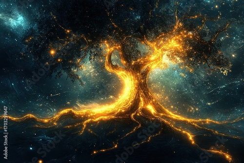 surreal dreams of a glowing tree with roots tangled in the stars