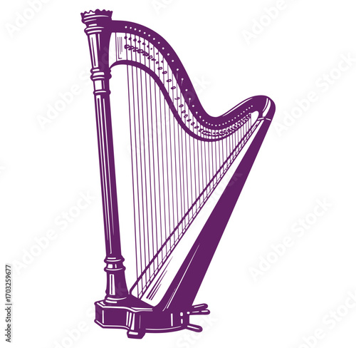 Elegant purple harp musical instrument isolated on white background studio shot