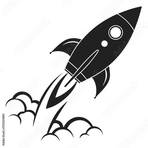 Black Rocket Ship Launching with Smoke Trails and Clouds.