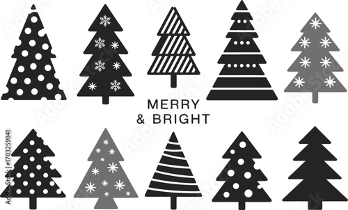 Modern black Christmas tree illustration set with gold stars, abstract holiday design, minimalist style, greeting card, festive decor