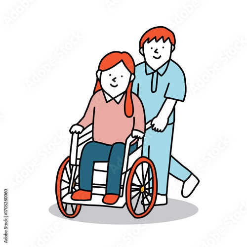 車いすを利用する女性と介護士のイラスト