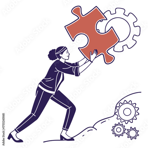 Woman solving puzzle, demonstrating teamwork and problem solving skills.