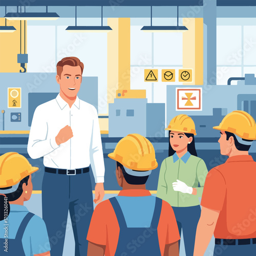 Factory worker safety meeting with supervisor.
