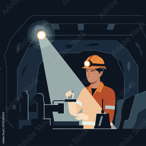 Vector illustration of a miner in a hard hat working with machinery inside a dark coal mine.