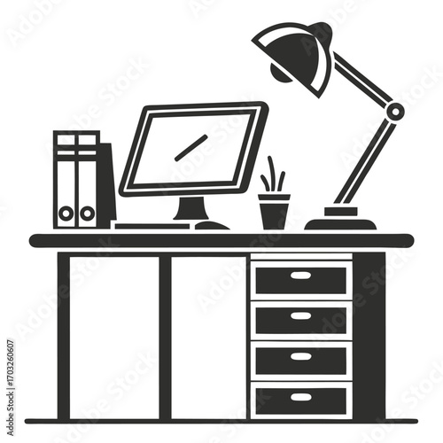 Office Desk Setup with Computer and Lamp.