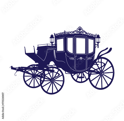Elegant silhouette of a classic horse drawn carriage in a dark blue colour