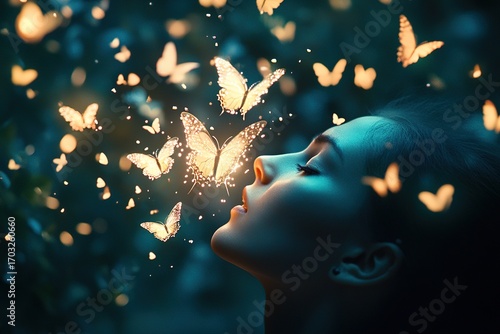 surreal dreams of a person dissolving into a swarm of glowing butterflies