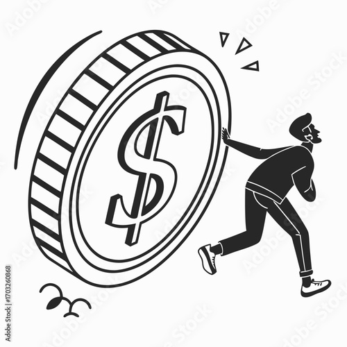 Man pushing a giant dollar coin uphill illustration.