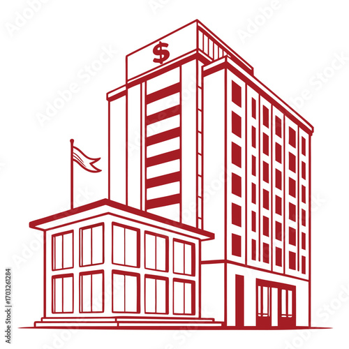 Illustration of a Tall Bank Building with a Flag and a Dollar Sign.