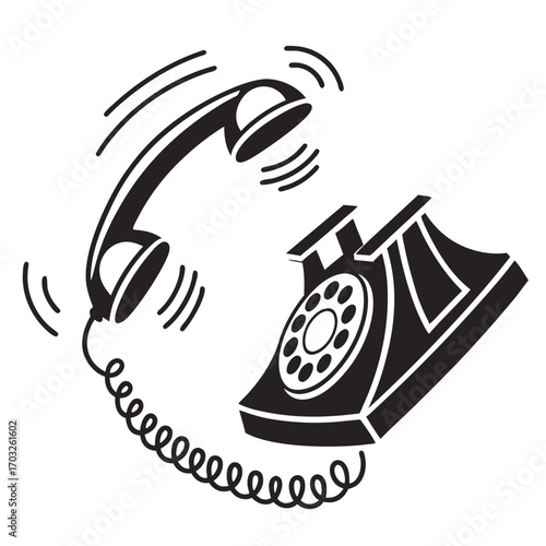 Ringing Black and White Rotary Telephone Illustration.