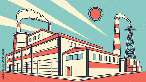 Industrial factory complex with tall smokestacks.