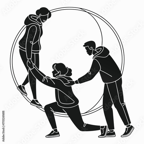Three people in activewear performing exercises within a circular frame.