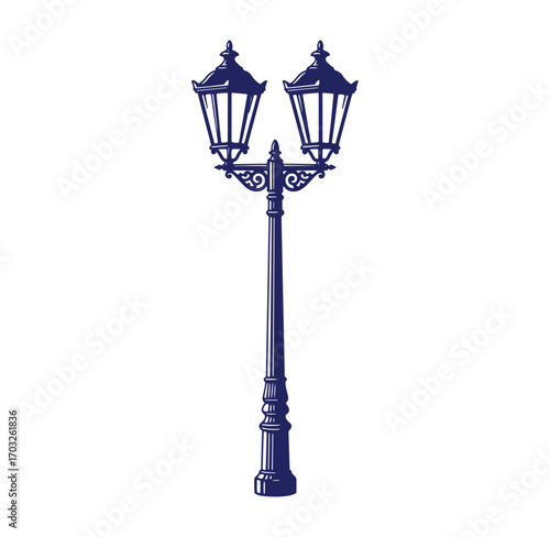 Elegant vintage street lamp illustration in a dark blue monochromatic vector design isolated
