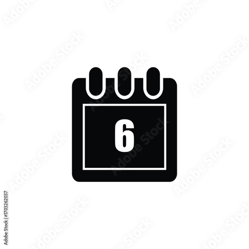 A simple, bold black and white graphic of a calendar page with the number 6 prominently displayed. The page is attached to a spiral binding.