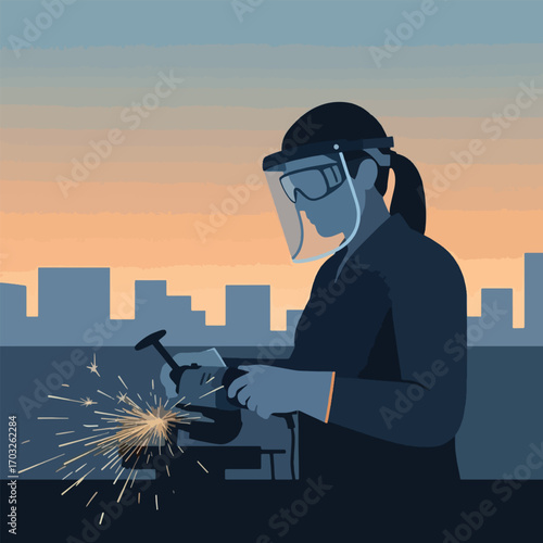 A person wearing safety gear grinds metal, creating a shower of sparks against a city skyline at dusk.