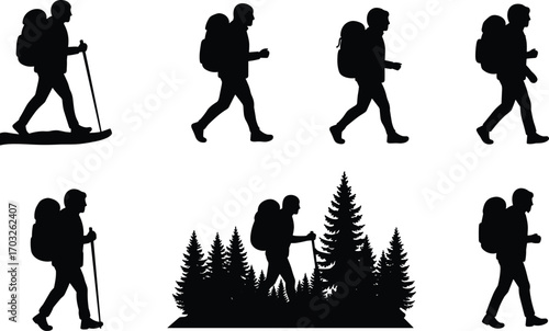 Hiking man silhouette, walking backpacker vector, forest trekking illustration, mountain hiker clipart, outdoor nature explorer, adventure journey design, travel art.