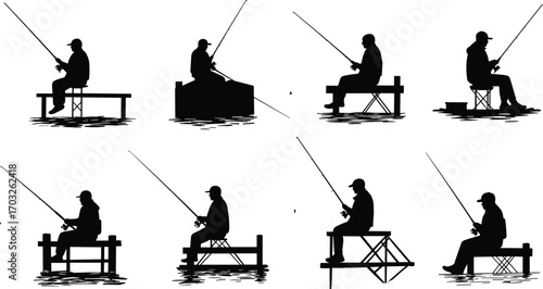Man fishing silhouette, person sitting fishing, angler on dock, fishing vector illustration, lake activity, peaceful sport scene, black shadow art.