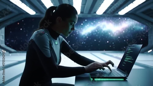 Futuristic programmer: Female astronaut coding with a laptop aboard spaceship