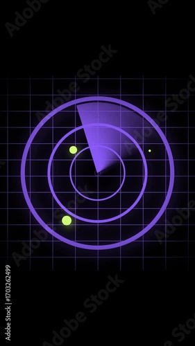 Animated abstract radar screen displaying objects and information against a dark backdrop. Dynamic violet radar scanning motion futuristic animation vertical video.