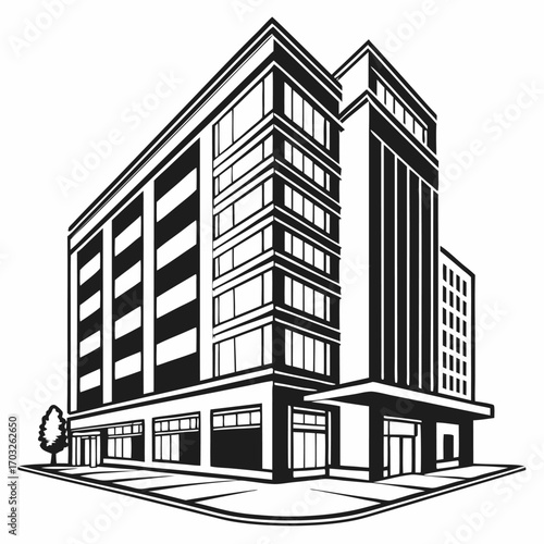 Modern Commercial Building Facade with Multiple Floors and Windows.