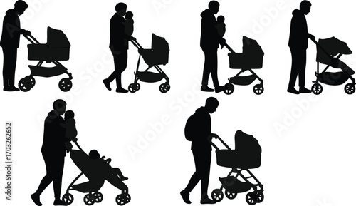 Silhouette of father pushing baby stroller, parent holding child, walking outdoors, family bonding, childcare, fatherhood, parent and baby, parenting moments, outdoor stroll, baby care, family time,
