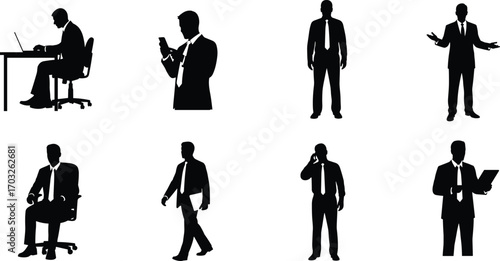 Silhouette of businessman in suit, office work, professional man, mobile phone use, business communication, corporate lifestyle, leadership, confident posture, multitasking, modern workplace.