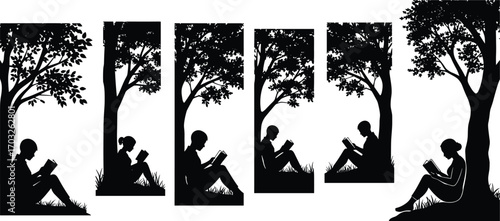 Silhouette of people reading books, outdoor nature scene, sitting under trees, quiet study time, learning, education, peaceful environment, relaxation, knowledge, calm atmosphere