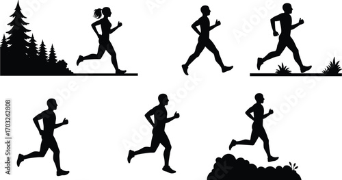 Silhouette of runners jogging, outdoor fitness, male and female athletes, nature trail running, healthy lifestyle, exercise, forest background, athletic training, cardio workout, 