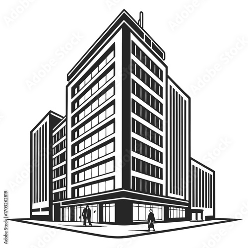 Modern Office Building with People Walking By.
