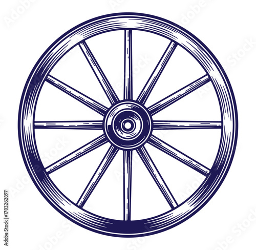 Hand drawn antique wagon wheel illustration depicting history transportation and vintage appeal