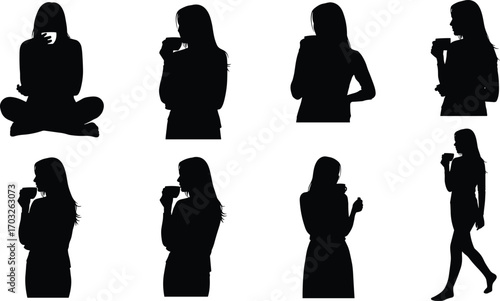 Young woman drinking coffee, various poses silhouette, relaxing, walking, sitting cross-legged, casual, peaceful moment, lifestyle, beverage, morning routine, tea time