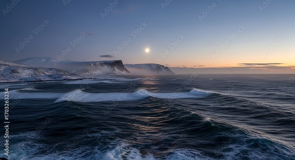 Fototapeta premium Dramatic Ocean Waves Under a Fading Sunset Sky with a Distant Moon.