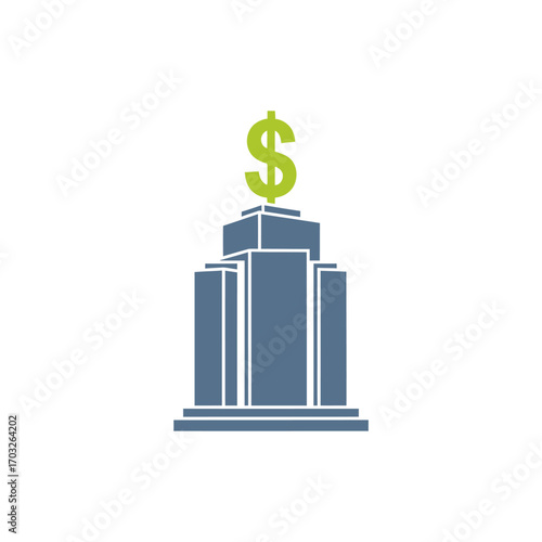 Stylized illustration of a modern skyscraper with a dollar sign, suggesting financial success of a business building.