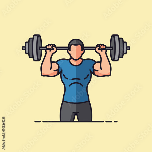 Illustration of a muscular man lifting a barbell with weights, showcasing strength and fitness against a light yellow background.