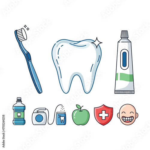 Dental hygiene items arranged for oral care illustration.